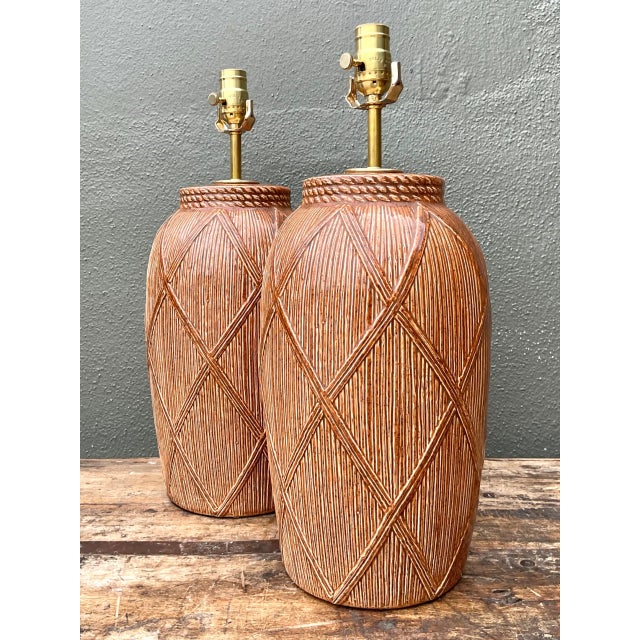 Brown Vintage Textured Ceramic Lamps - A Pair For Sale - Image 8 of 12