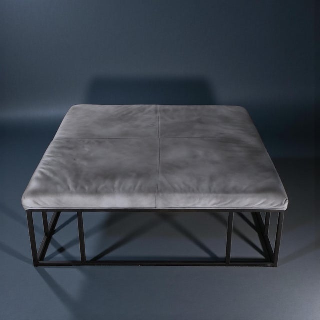 Modern Leather Ottoman Coffee Table With Metal Frame, 45" Square For Sale In Miami - Image 6 of 8
