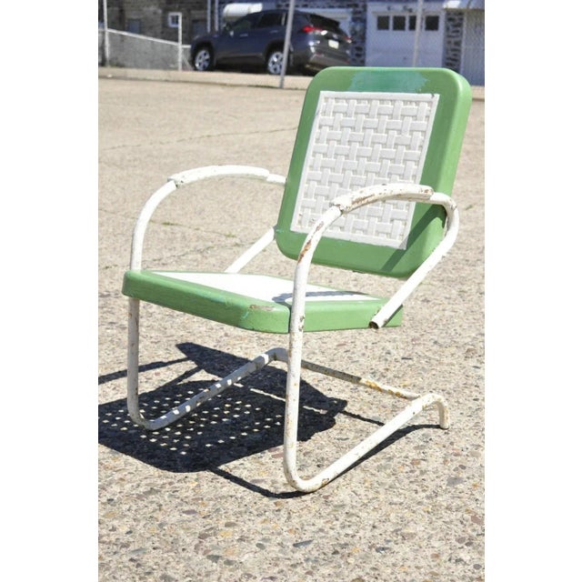 Mid 20th Century Art Deco Metal Basketweave Old Green White Porch Outdoor Spring Arm Chair For Sale - Image 10 of 10