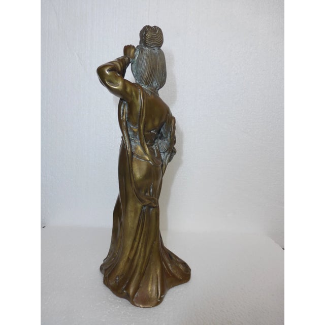 Vintage Asian Woman Figurine Holding Basket Bronze Sculpture For Sale - Image 4 of 12