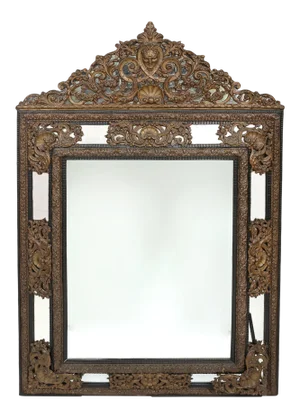 19th Century Baroque Style / Brass Embossed Beveled Wall Mirror