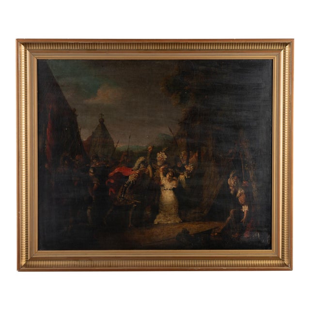 18th Century Swedish Original Oil on Canvas Painting Dramatic Narrative Including Soldiers For Sale