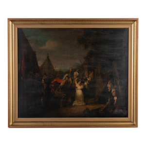 18th Century Swedish Original Oil on Canvas Painting Dramatic Narrative Including Soldiers