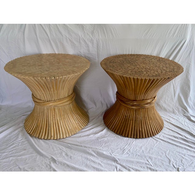 Offered are two mid-century McGuire bamboo base tables. Could be used for either side, accent, or coffee tables....