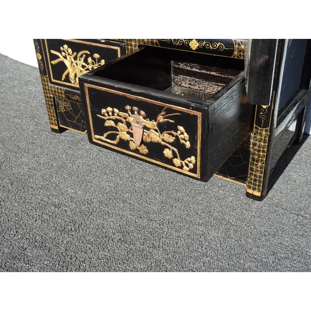 Vintage Oriental Chinese Chinoiserie Black Lacquer Cabinet W Drawers 1of2 For Sale - Image 14 of 15