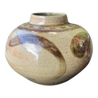 1991 Olive Organic Modern Ceramic Art Studio Round Vase For Sale