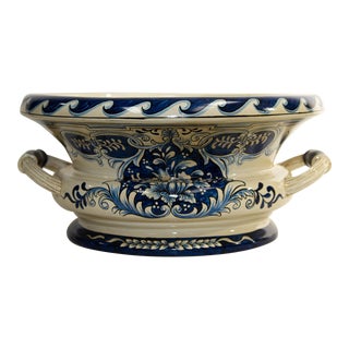Vintage Large Blue and White Jardiniere With Handles For Sale