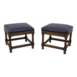 Pair Oak Blue Leather Seat Ottoman or Stools For Sale