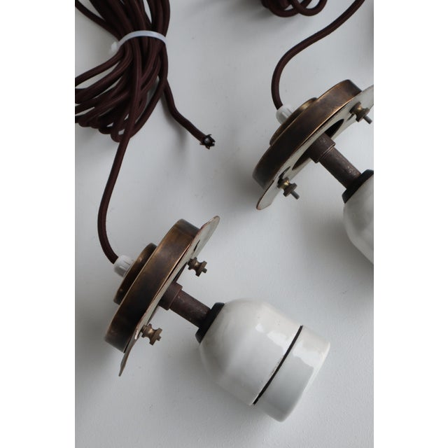 Danish Modern Funkis Pendants in Opal Glass and Brass attributed to Fog & Mørup, 1940s, Set of 2 For Sale - Image 10 of 13