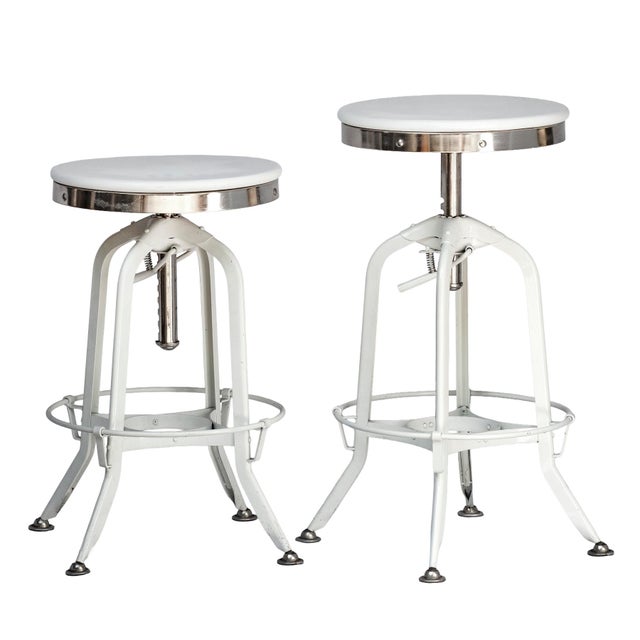 Pr. Of Vintage Restoration Hardward Adjustable White Bar Stools For Sale - Image 9 of 13