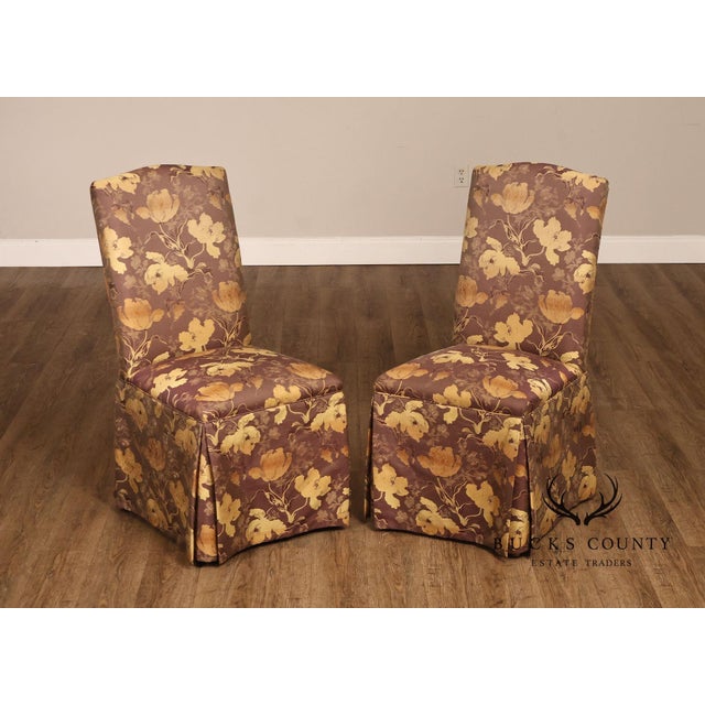 High Quality Pair of Custom Upholstered Parsons Style Side Chairs with Tailored Skirted Bases