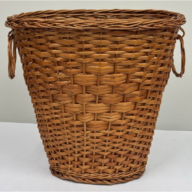 Brown Vintage Handwoven Split Reed and Wicker Waste Basket For Sale - Image 8 of 10