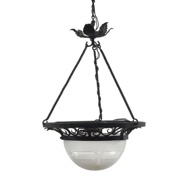 Art Nouveau Iron Pendant with Glass Hood For Sale
