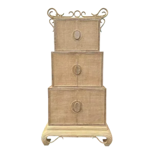 Chinoiserie Rattan Cabinet With Natural Bent Wood, 3 Tier Shelves & Pencil Reed Base by Hickory Furniture