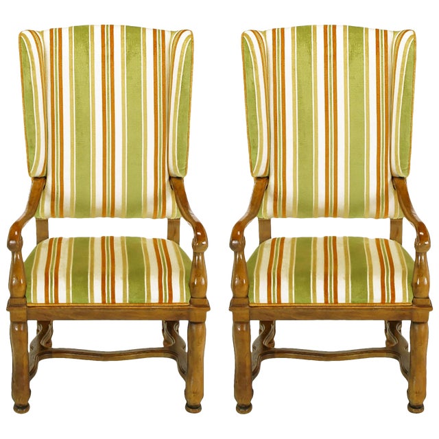 Pair Of Heritage Walnut And Striped Velvet Louis Xiv Wing Chairs Chairish