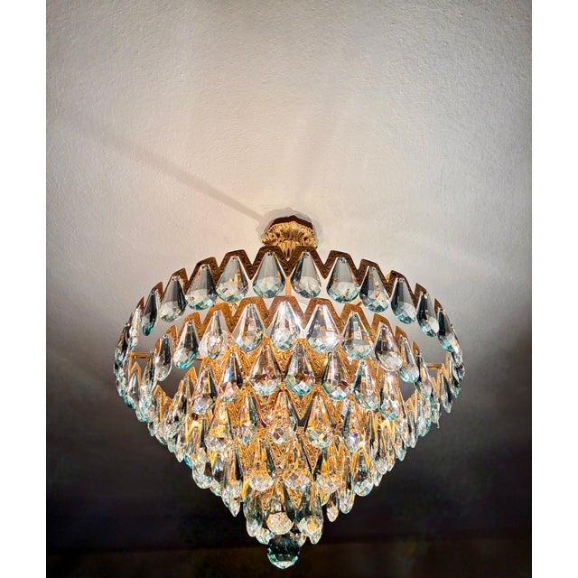1960s Luxury Mid-Century Style Natural High-Gleam Solid Brass & Ice-Blue Turquoise Crystal 6-Light Flush Mount Chandelier For Sale - Image 9 of 9