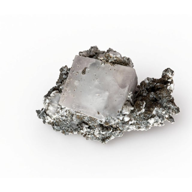 Large Natural Fluorite Cube Crystal Specimen With Pyrite & Calcite Matrix For Sale - Image 6 of 15