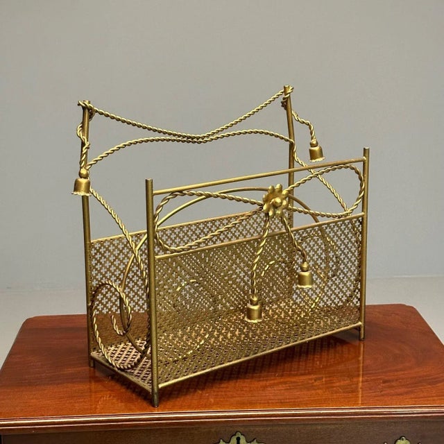 Hollywood Regency Gilt Bronze Magazine Rack, Rope an Tassel Form For Sale - Image 9 of 12