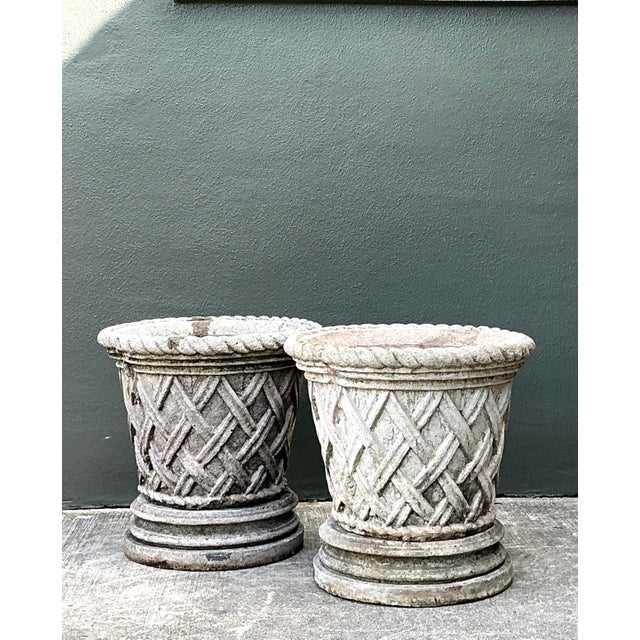 Vintage Cast Concrete Trellis Planters on Pedestals - A Pair For Sale - Image 4 of 12
