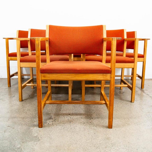 Set of 6 Borge Mogensen Armchairs in white oak and rust tweed fabric. Recently imported from Denmark. Unmarked examples.