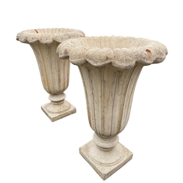 Stone Pair of Neoclassical Fluted Cast Stone Garden Urns For Sale - Image 7 of 12