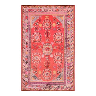 1920s Red Rust Rustic Pomegranate Antique Central Asian Khotan Rug 5'2" X 8'3" Knotted Wool Carpet For Sale