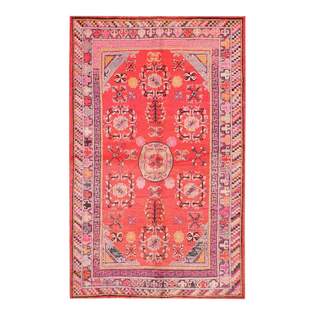 1920s Red Rust Rustic Pomegranate Antique Central Asian Khotan Rug 5'2" X 8'3" Knotted Wool Carpet For Sale