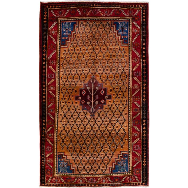 Vintage Persian Hamadan Handmade Geometric Brown Wool Rug For Sale