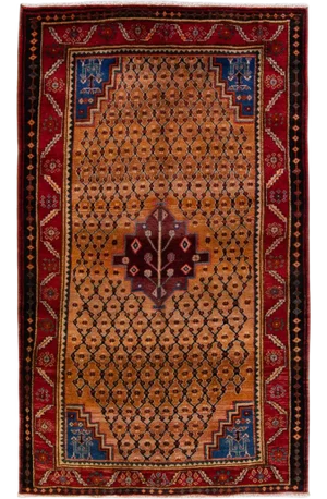 Vintage Persian Hamadan Handmade Geometric Brown Wool Rug
