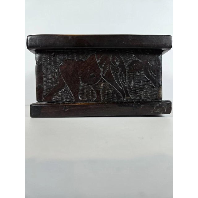 Vintage Hand-Carved Dark Wood Elephant Trinket Jewelry Box Hinged Safari Decor For Sale - Image 16 of 18