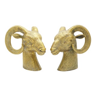 Hollywood Regency Brass Ram Head Bookends - a Pair For Sale