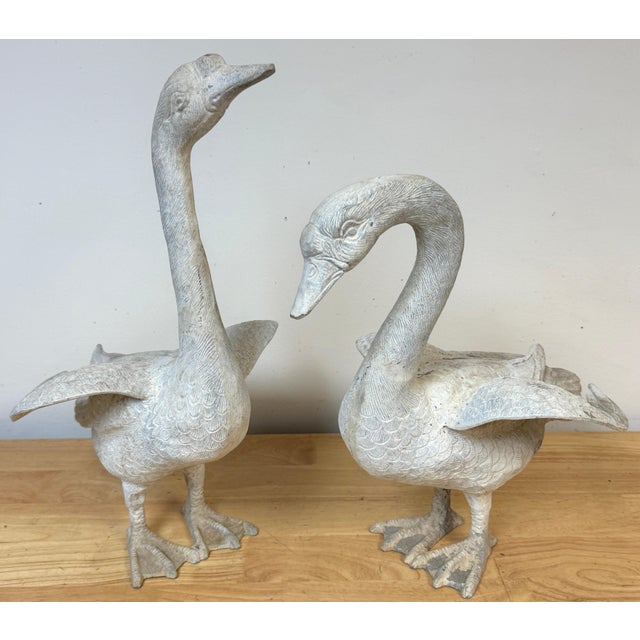Pair 20th C. Zinc Alloy Swan Garden Sculptures Good Scale & Weathered Surface For Sale - Image 11 of 18