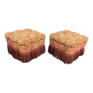 Leopard Print Tassel Upholstered Ottomans/Pair For Sale