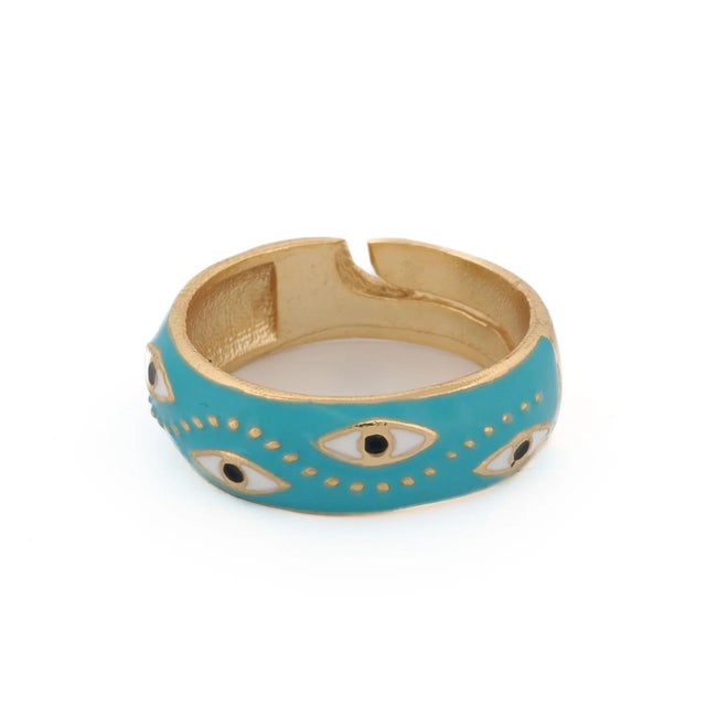 Blue Enamel Evil Eye Gold Adjustable Band Ring, Size 8 For Sale - Image 9 of 9