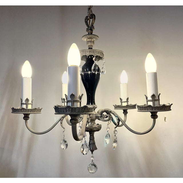 Antique Five-Arm Metal, Black Glass and Crystal Chandelier For Sale - Image 11 of 15