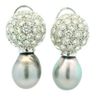 18k White Gold Diamond & Grey South Sea Pearl Drop Earrings, A Pair For Sale