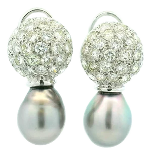 18k White Gold Diamond & Grey South Sea Pearl Drop Earrings, A Pair