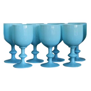 Vintage Blue Opaline Milk Glass Goblets - Set of 9 For Sale