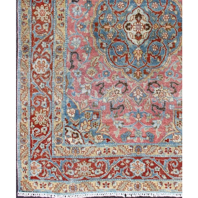 Tribal Antique Persian Tabriz Rug With Medallion in Soft Rose, Sky Blue, and Rust Red 4'7"x6'4" For Sale - Image 3 of 8