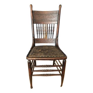 Pressed Back Chair with Leather Seat and Turned Parts For Sale