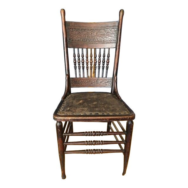Pressed Back Chair with Leather Seat and Turned Parts For Sale