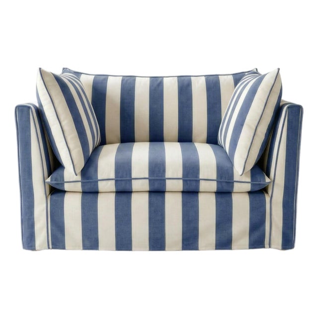 Sophie Conran Coco Loveseat - Sea Holly Blue Wide Stripes with Knife Edge Cushion For Sale
