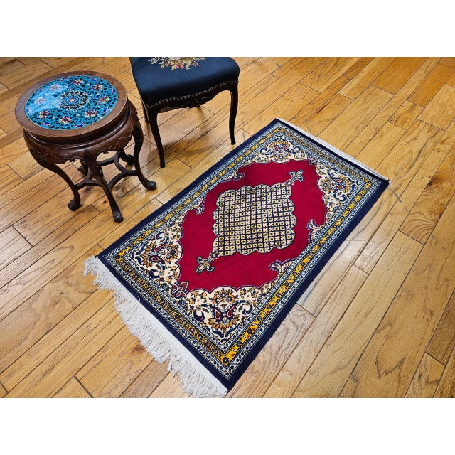Vintage Persian Qum Area Rug, Hand-Knotted Wool, Geometric Medallion Pattern, 3x5, Red & Navy For Sale - Image 10 of 18