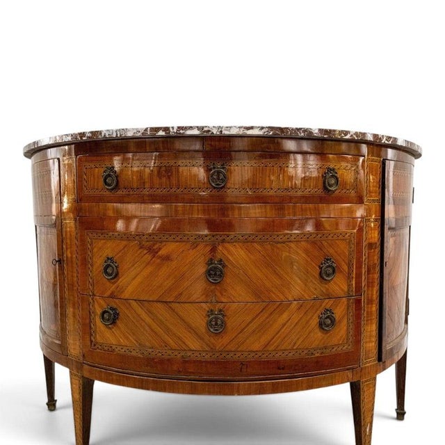 Brown 18th Century French Louis XVI Demilune Marquetry Commode with Marble Top, 1780 For Sale - Image 8 of 10