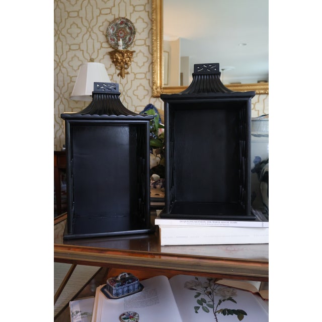 Chinoiserie Global Views Williamsburg Black Chinoiserie Pagoda Wall Shelves / Decorative Sconces — A Pair For Sale - Image 3 of 18