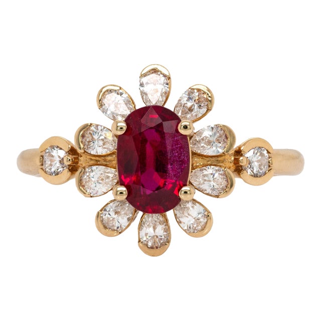 1ct Mozambique Ruby and Earth-Mined Diamond Floral Ring in Solid 14k Gold, Size 6.75 For Sale