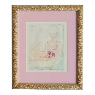 1983 Signed Avant-Garde Watercolor Pencil Nude Drawing Framed For Sale