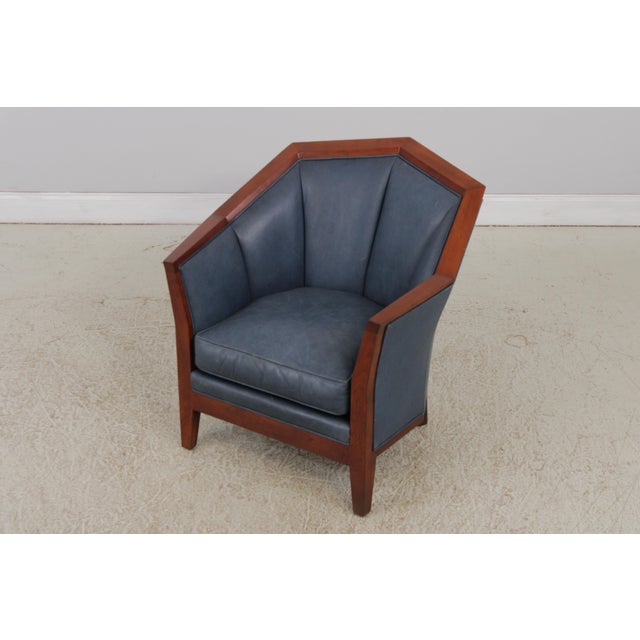 Stickley Pair of Stickley Cherry Blue Leather Club Chairs For Sale - Image 4 of 15