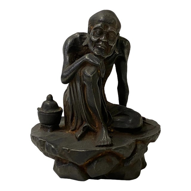 Vintage Iron Metal Finish Rustic Lohon Monk Arhat Figure For Sale