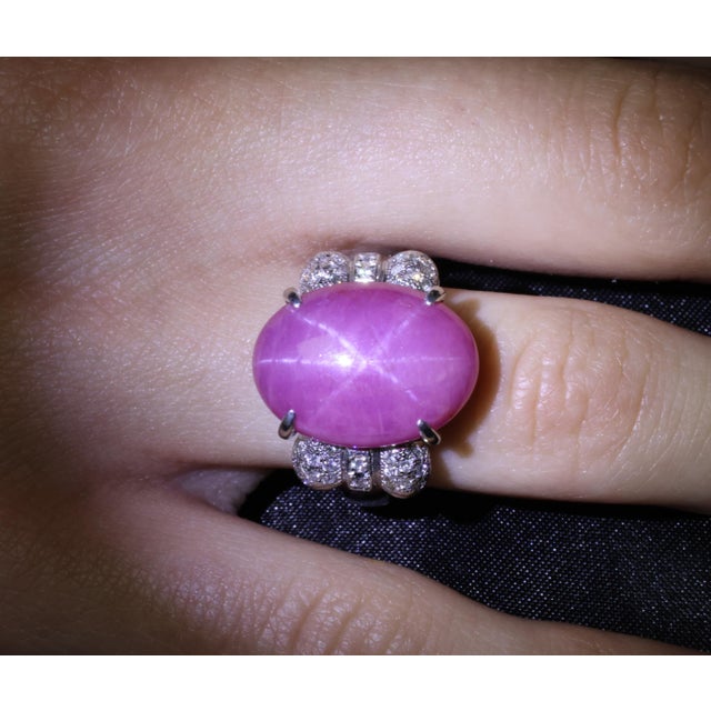 Late 20th Century Rare 21.42ct Natural Pink Star Sapphire & 0.32ct Diamond Platinum Ring, Size 8.5 For Sale - Image 10 of 18